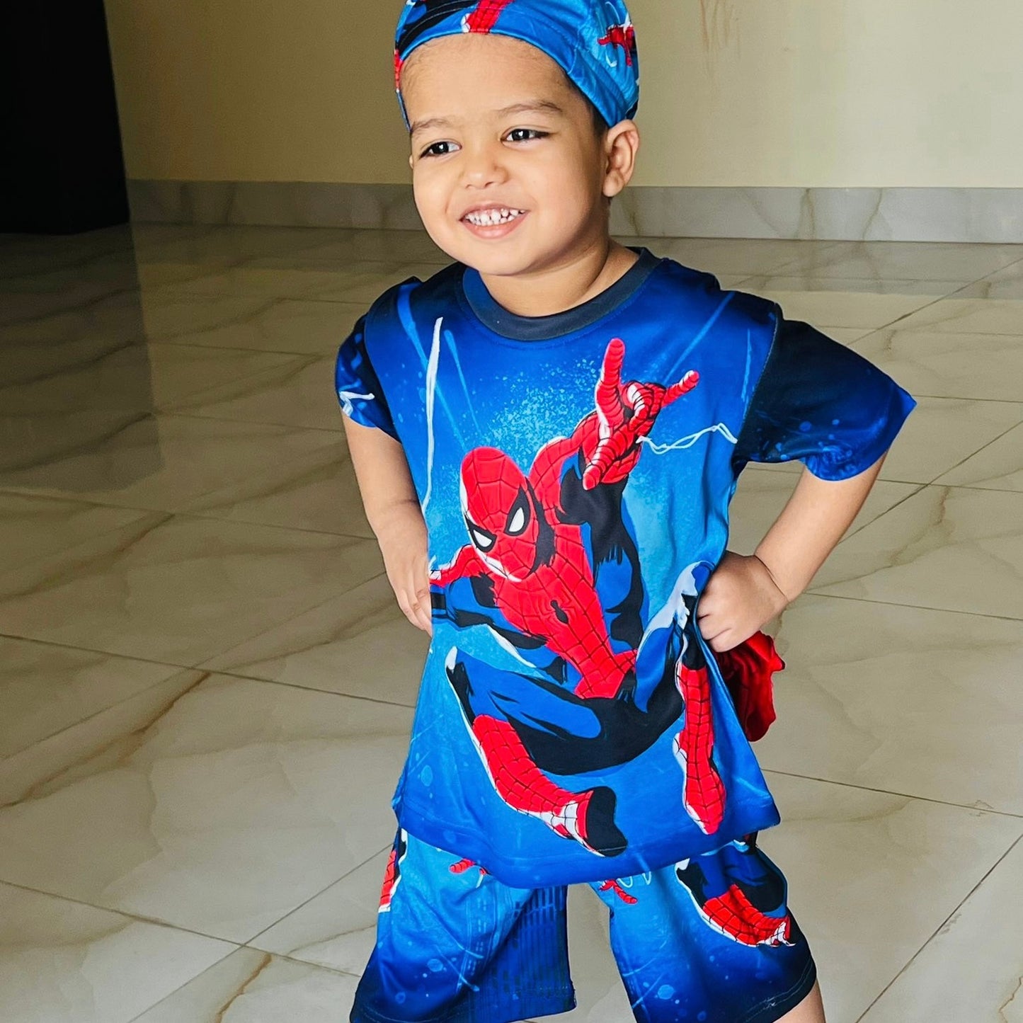 SPIDERMAN KIDS TOP BOTTOM SET WITH CAP (JERSEY MATERIAL)