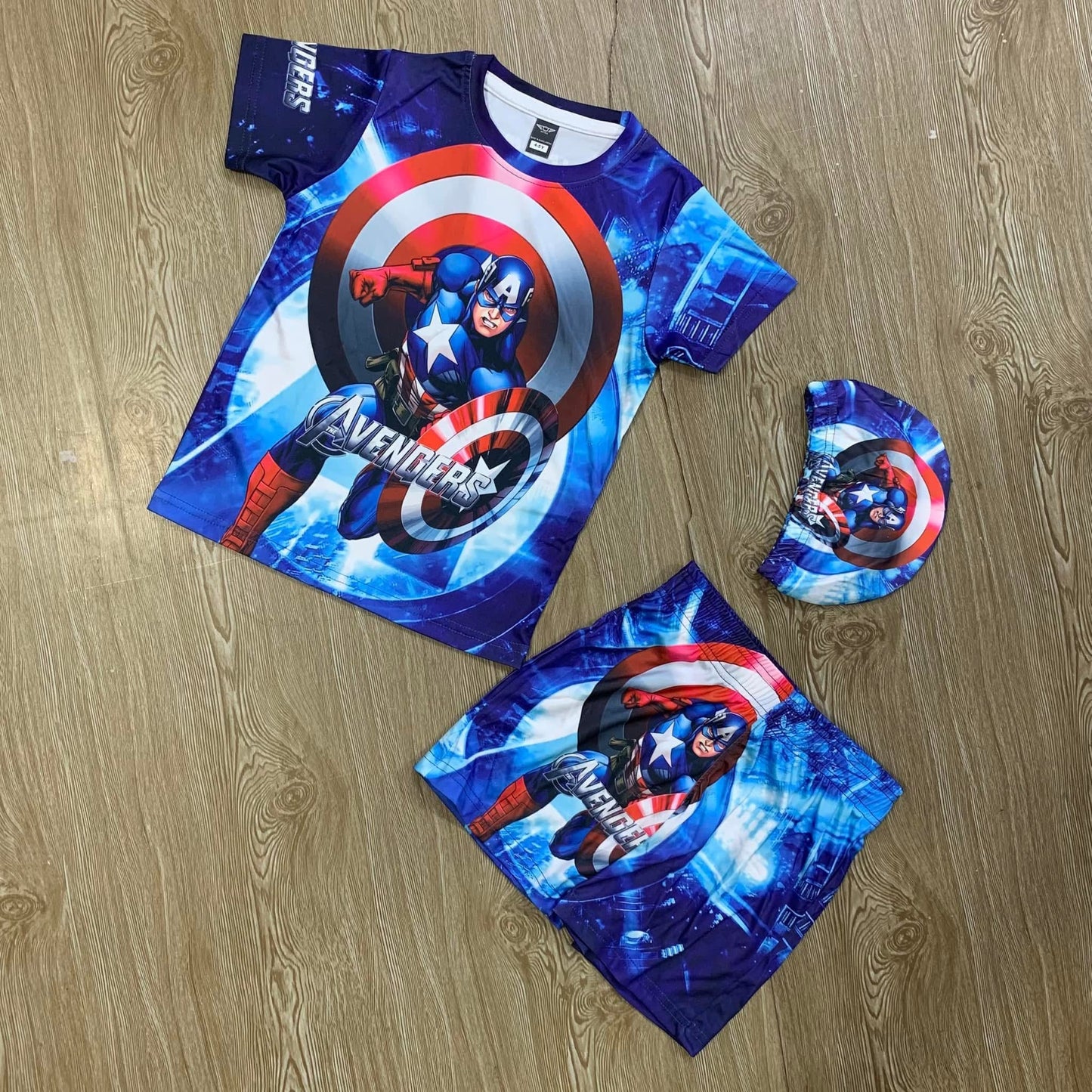 CAPTAIN AMERICA KIDS TOP BOTTOM SET WITH CAP (SWIMING MATERIAL 1Y TO 10Y)