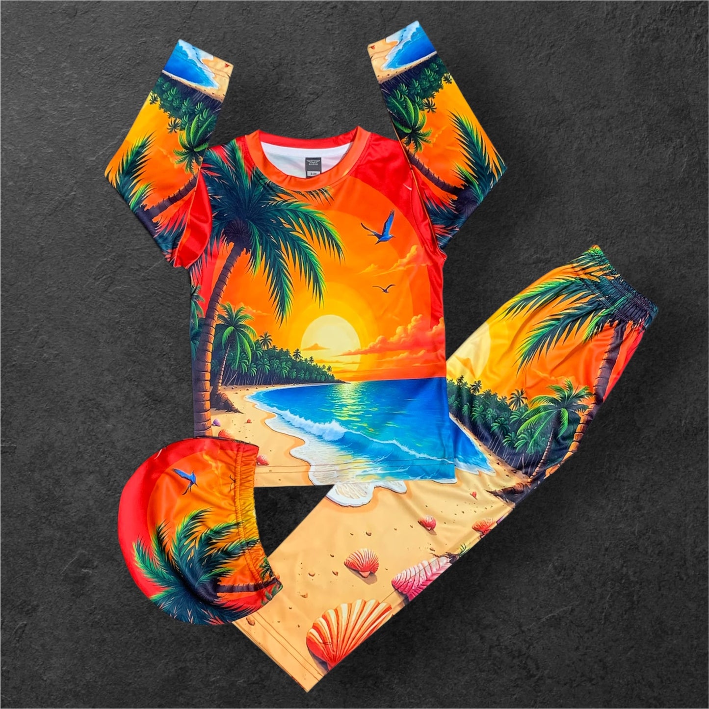 Sunny Beach  Print Full Sleeve T-Shirt Long Pant & Cap Set for Swimming wear & Regular Use