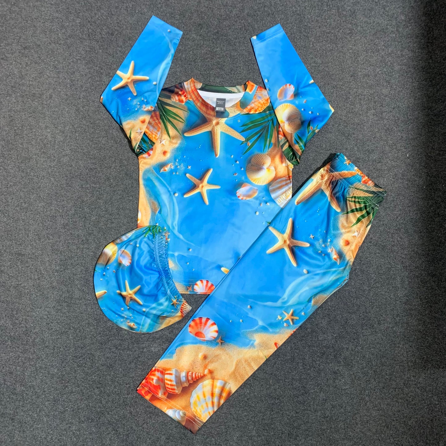 Sea Beach Print Full Sleeve T-Shirt Long Pant & Cap Set for Swimming wear & Regular Use