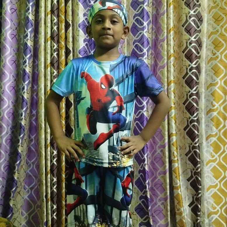 SPIDERMAN KIDS TOP BOTTOM SET WITH CAP (JERSEY MATERIAL)