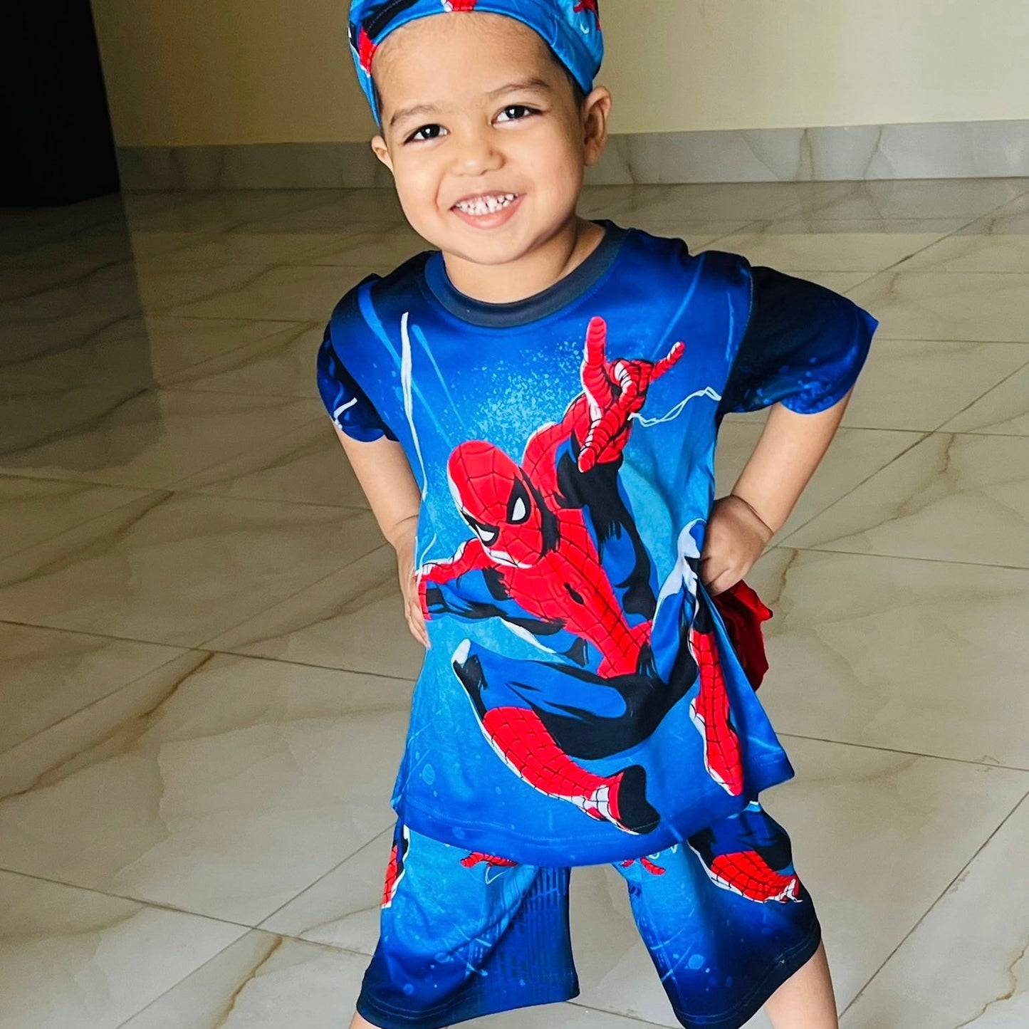 SPIDERMAN KIDS TOP BOTTOM SET WITH CAP (JERSEY MATERIAL)