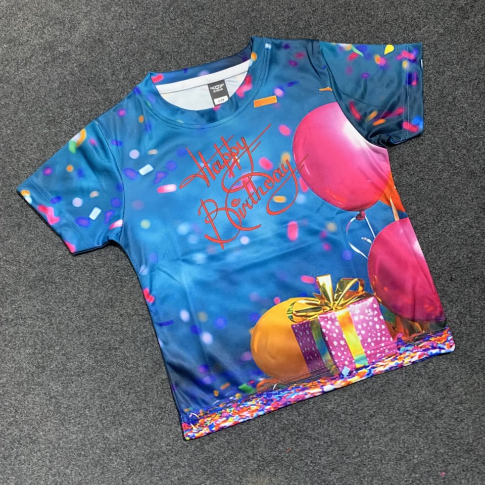 HAPPY BIRTH DAY T-SHIRT FULL BODY SUBLIMATION PRINT ( LIFE TIME COLOR GUARANTEE)