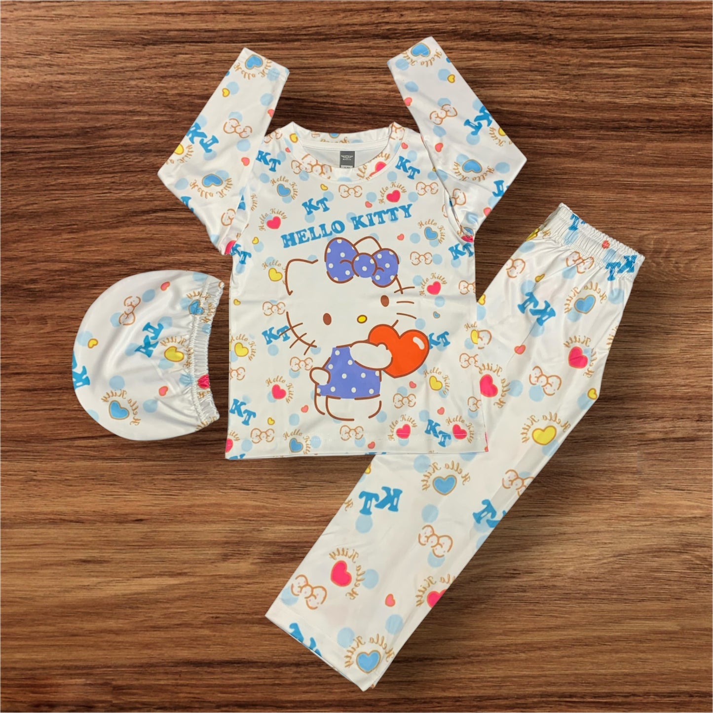 Hello Kitty Print Full Sleeve T-Shirt Long Pant & Cap Set for Swimming wear & Regular Use