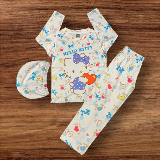 Hello Kitty Print Full Sleeve T-Shirt Long Pant & Cap Set for Swimming wear & Regular Use