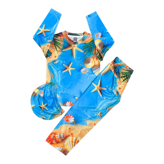 Sea Beach Print Full Sleeve T-Shirt Long Pant & Cap Set for Swimming wear & Regular Use