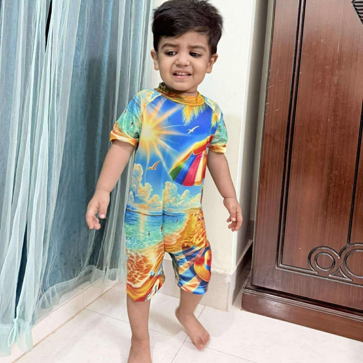 SUNNY BEACH HALF SLEEVE SWIMMING SUIT WITH CAP ( 2Y TO 14YEAR)