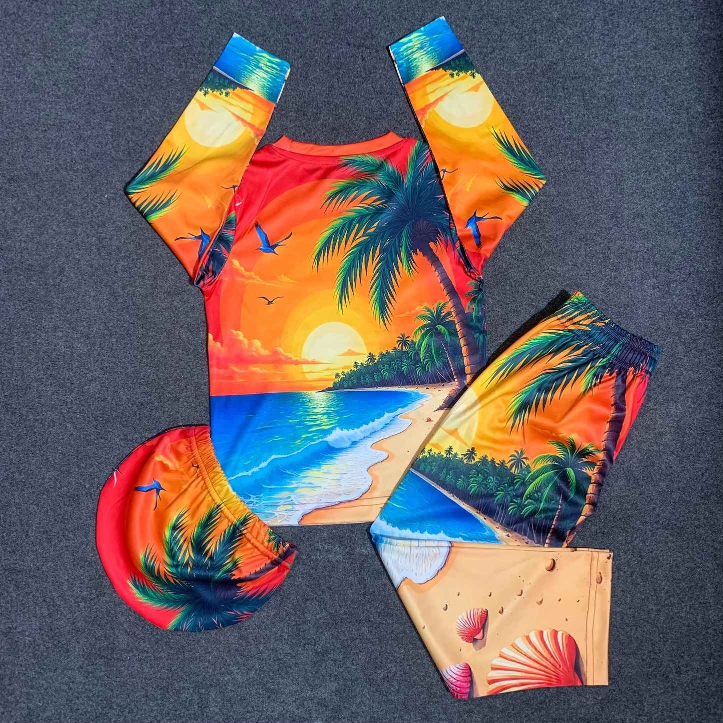 Sunny Beach  Print Full Sleeve T-Shirt Long Pant & Cap Set for Swimming wear & Regular Use