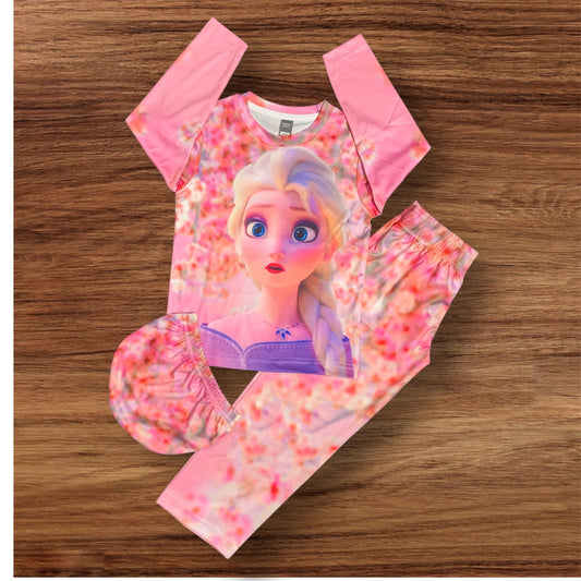 Elsa Print Full Sleeve T-Shirt Long Pant & Cap Set for Swimming wear & Regular Use