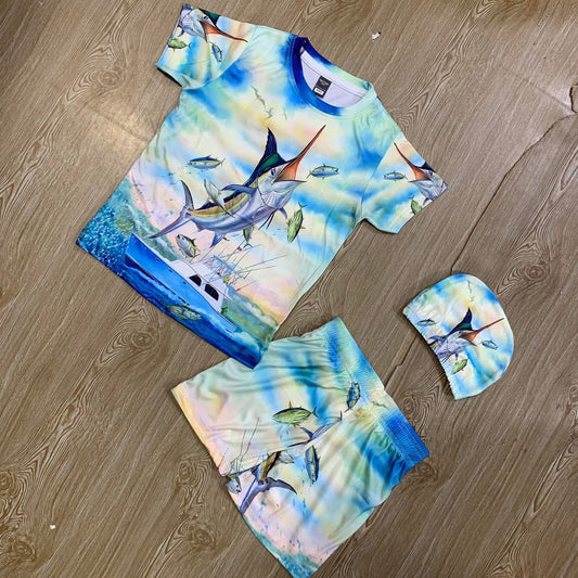 SHARK KIDS TOP BOTTOM SET WITH CAP (JERSEY MATERIAL 1Y TO 10Y)