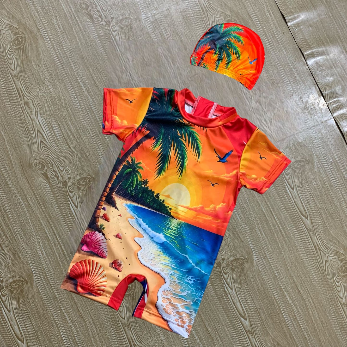 SUNNY BEACH HALF SLEEVE SWIMMING SUIT WITH CAP