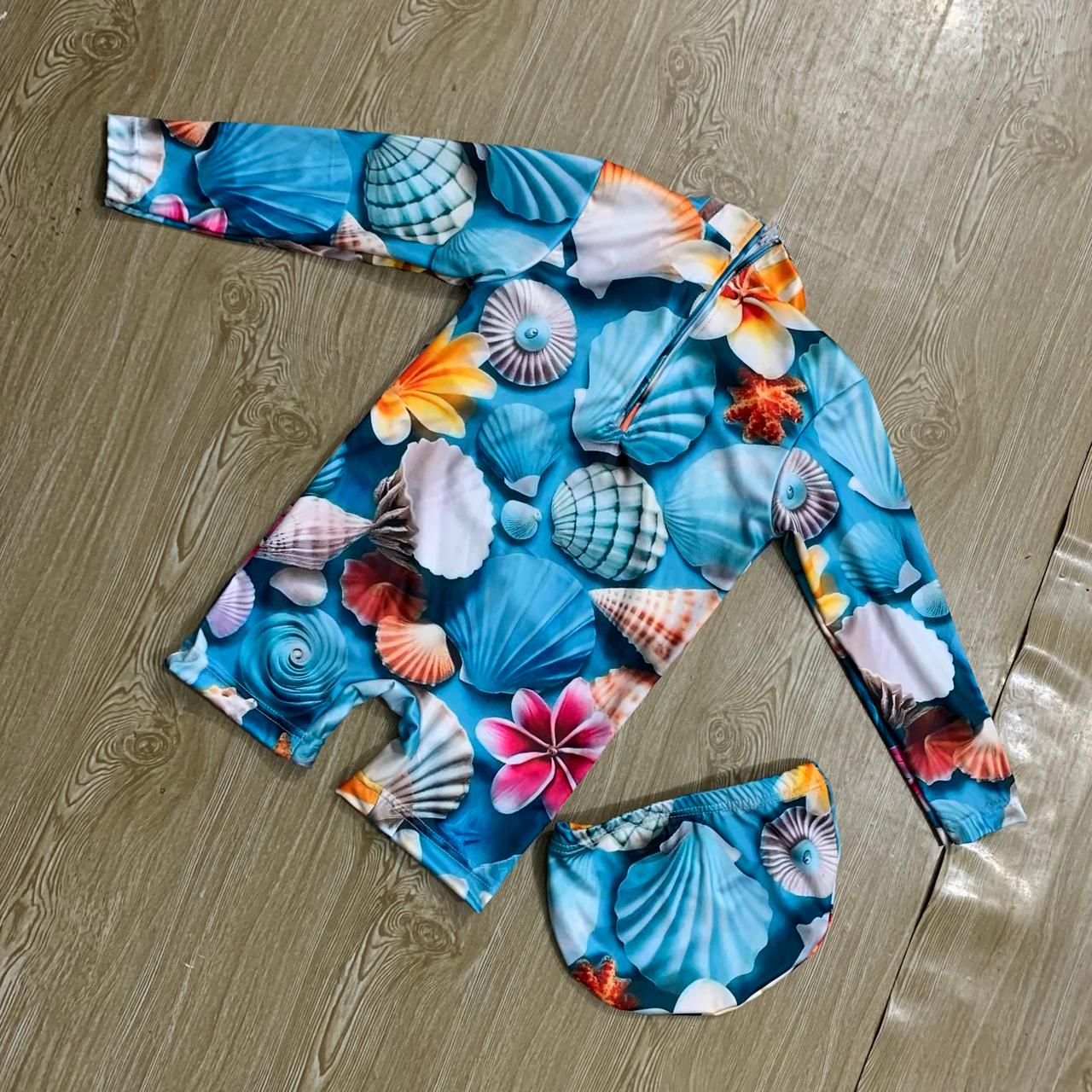 OYSTER SNAIL FULL BODY PRINT FULL SLEEVE SWIMMING SUIT WITH CAP