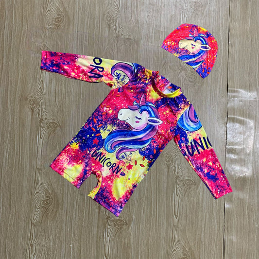 FULL PRINT UNICORN FULL SLEEVE SWIMMING SUIT WITH CAP ( 2Y TO 14Y)